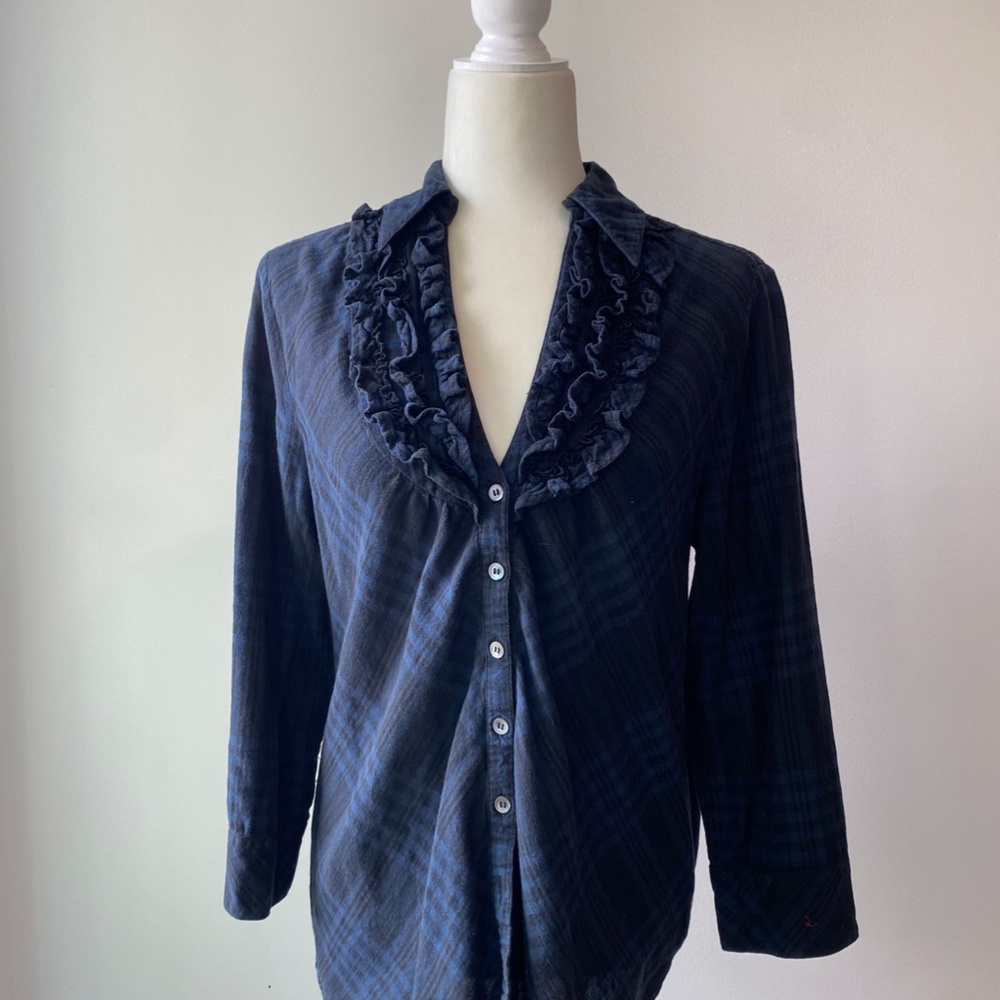 Joie Plaid Ruffle Bust Long Sleeve Button Up Top Blue & Black Size M